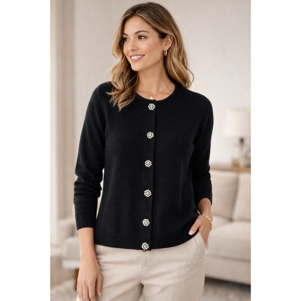 Talbots Black Merino Wool Cardigan Sweater Rhinestone Buttons Size L NWT